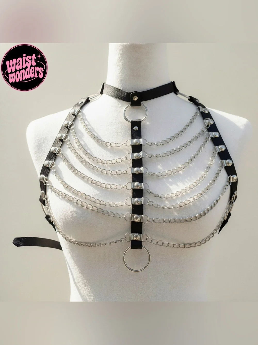 Y2K 2000s style Silver Chain Harness with Black Leather Straps and Silver Studs